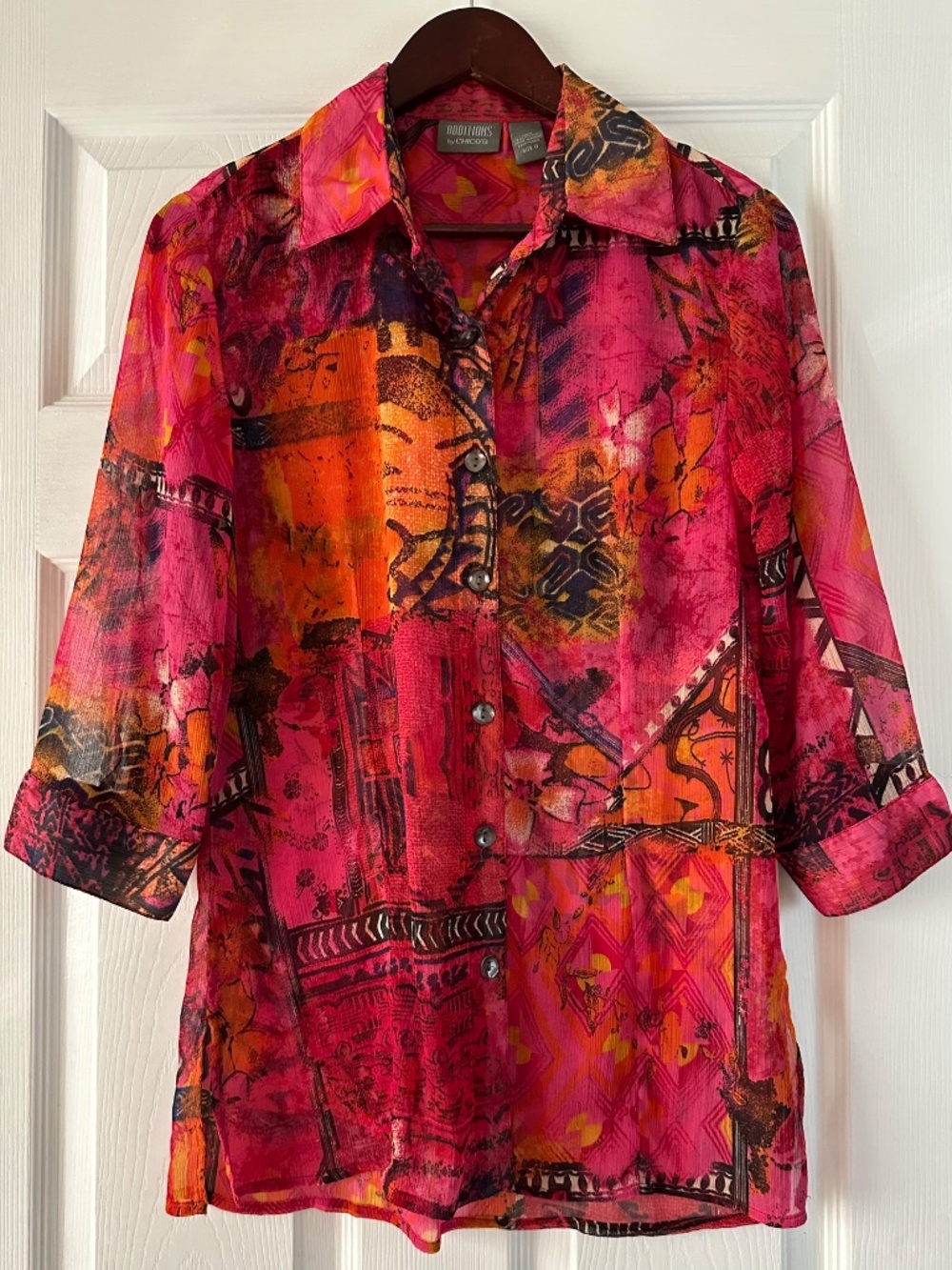 Chico’s Additions Red Pink Abstract Women's Tunic Button Size‎ 0 (US XS-M) NWOT